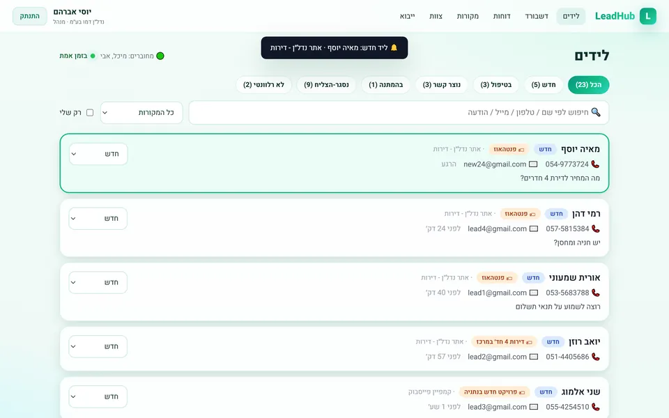 LeadHub: ניהול לידים בזמן אמת, צילום מסך מהמחשב